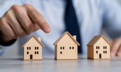 A businessman selecting wooden house models on a table.
