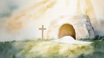 Serene easter morning: empty tomb and radiant sunrise illustrating resurrection symbolism