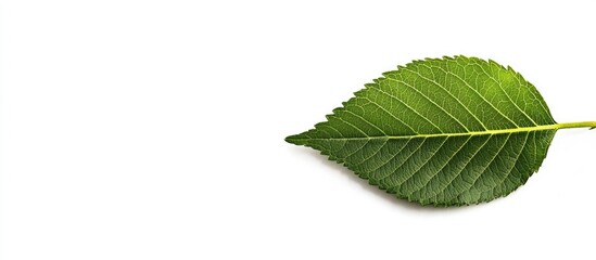 Fototapeta premium Green leaf on white background with natural texture and detail Copy Space