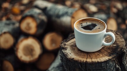 Coffee cup on a stump with logs in the background showcasing organic natural setting Copy Space for text placement