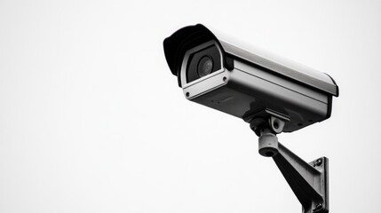 Surveillance camera mounted on a wall with a plain white background featuring ample copy space for text placement