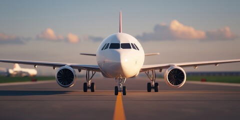 A front view of an airplane ready for takeoff on a runway.