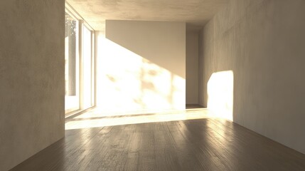 Empty modern interior room with natural light streaming through large windows and minimalist design elements, Copy Space available