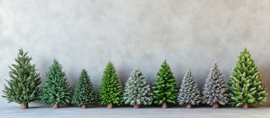 Fototapeta premium Decorative Row of Classic Christmas Trees in Various Shades of Green and Frosted White Set Against a Neutral Gray Background for Holiday Themed Design