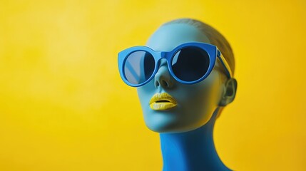 Blue mannequin wearing oversized sunglasses with bright yellow lips against a vibrant yellow background Copy Space