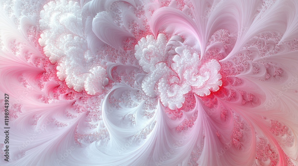 Poster abstract fractal art in soft pink and white tones with intricate swirling patterns and copy space fo