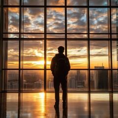 Fototapeta premium Silhouette of a Man at Sunrise in a City