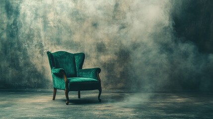 Vintage green armchair in a misty atmosphere against a textured background with copy space for text placement