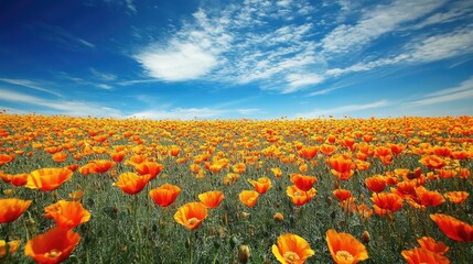 Vibrant orange California poppy field under a bright blue sky with clouds Copy Space