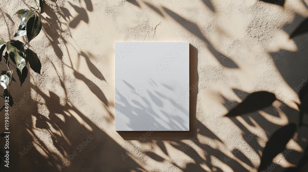 Poster blank canvas on textured wall with shadows from foliage creating a natural pattern and ample copy sp