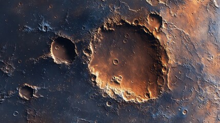 Detailed close-up view of the surface of Mars showing prominent craters and terrain features with Copy Space for text.