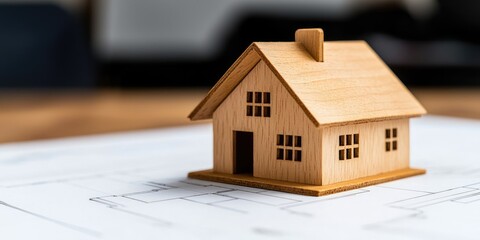 A wooden model house placed on architectural blueprints.
