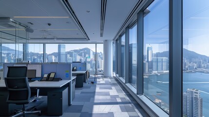 Obraz premium Office interior with multiple workstations and desks overlooking city views through glass walls.