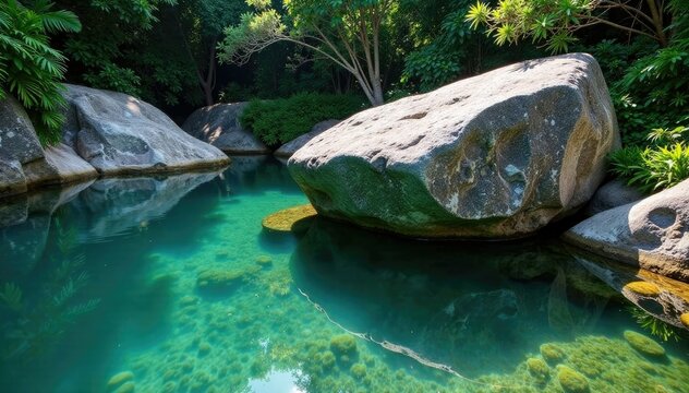 A large granite boulder partially submerged in a pool with aquatic plants, eau, granit, plages