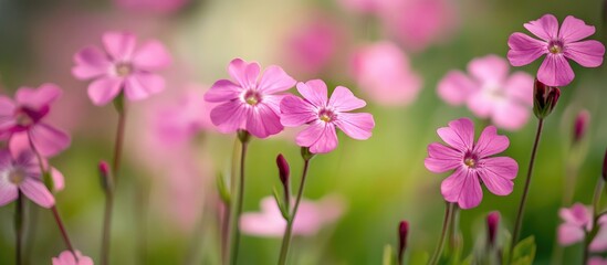 Obraz premium Delicate pink spring wildflowers in macro detail set against a soft green blurred background with ample space for text overlay.
