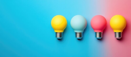 Colorful light bulbs in a row against a blue and pink gradient background, with ample space for text overlay.