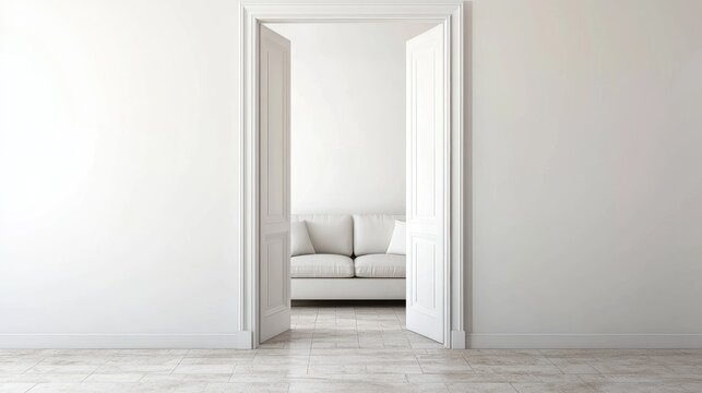 Modern interior with open double doors revealing a minimalist living room with a light-colored couch and empty white walls Copy Space