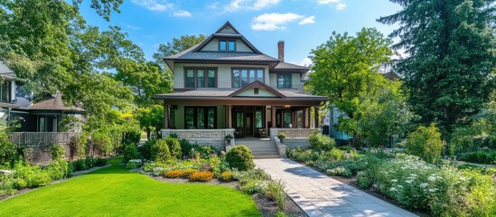 Obraz premium Elegant two-story farmhouse with classic architecture featuring a lush green garden and inviting front porch under a bright blue sky