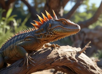 Fototapeta premium A large spiky lizard rests on a horizontal branch, soaking up the sun's rays, sunlit, nature