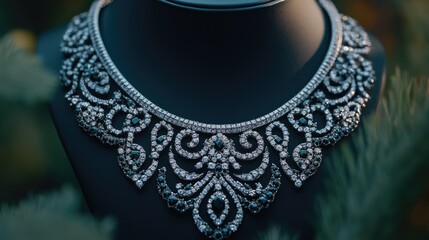 Obraz premium Elegant diamond necklace on black display against greenery with soft focus and Copy Space for text placement