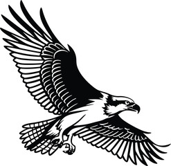 Soaring Hawk Silhouette - A bold black and white silhouette of a osprey in flight showcasing its expansive wingspan