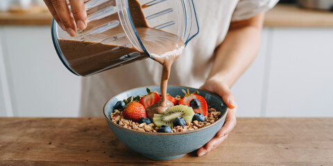 Delicious Smoothie Bowl Preparation. Close-up of woman gracefully pouring a rich, chocolate smoothie from a blender into a vibrant breakfast bowl. 