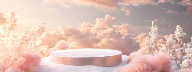 natural beauty podium with a dreamy sky backdrop, perfect for product display, luxury branding, and romantic presentations in a soft and elegant 3d scene.