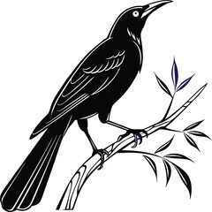 Stylized Blackbird Silhouette  on a Branch - Illustration of a stylized Common Grackle  perched on a slender branch adorned with minimalist leaves rendered