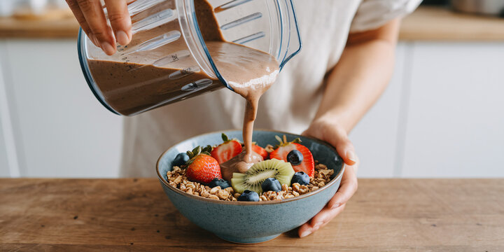 Delicious Smoothie Bowl Preparation. Close-up of woman gracefully pouring a rich, chocolate smoothie from a blender into a vibrant breakfast bowl. 