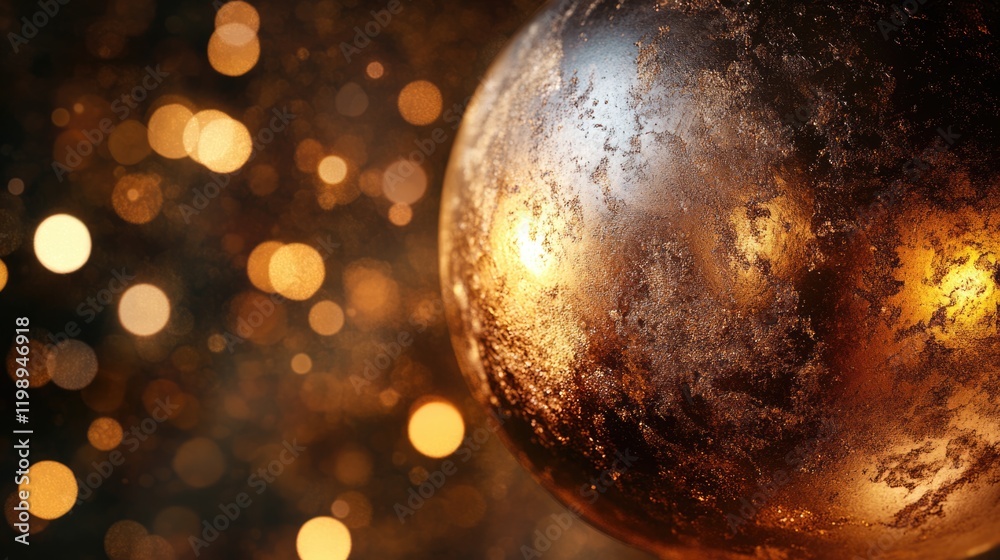 Poster abstract golden sphere with glittering bokeh background and smooth reflective surface featuring copy