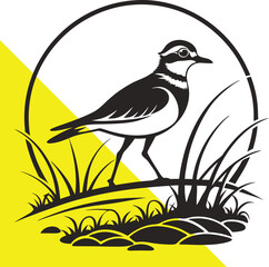 Fototapeta premium Stylized killdeer Bird Illustration - Stylized Silhouette of a Bird Walking on a Natural Landscape with Grass and Rocks