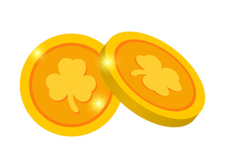 Golden Clover Coins with Shamrock Leaf Design – St. Patrick’s Day Treasure, Irish Luck Theme, 2D and 3D Vector Illustration