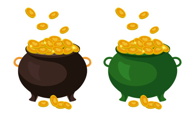 Set of Gold Coins Pot with Shamrock Clover Leaf Vector Illustration - Perfect for St. Patrick's Day Designs, isolated on White Background