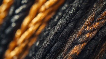 Close-up of braided hair strands in varying shades of black and brown with textured details and Copy Space for annotations