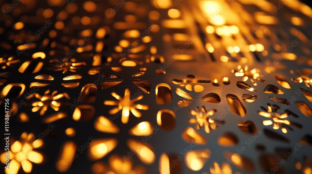 Poster intricate metal cutouts illuminated by warm light creating a beautiful pattern with copy space for t