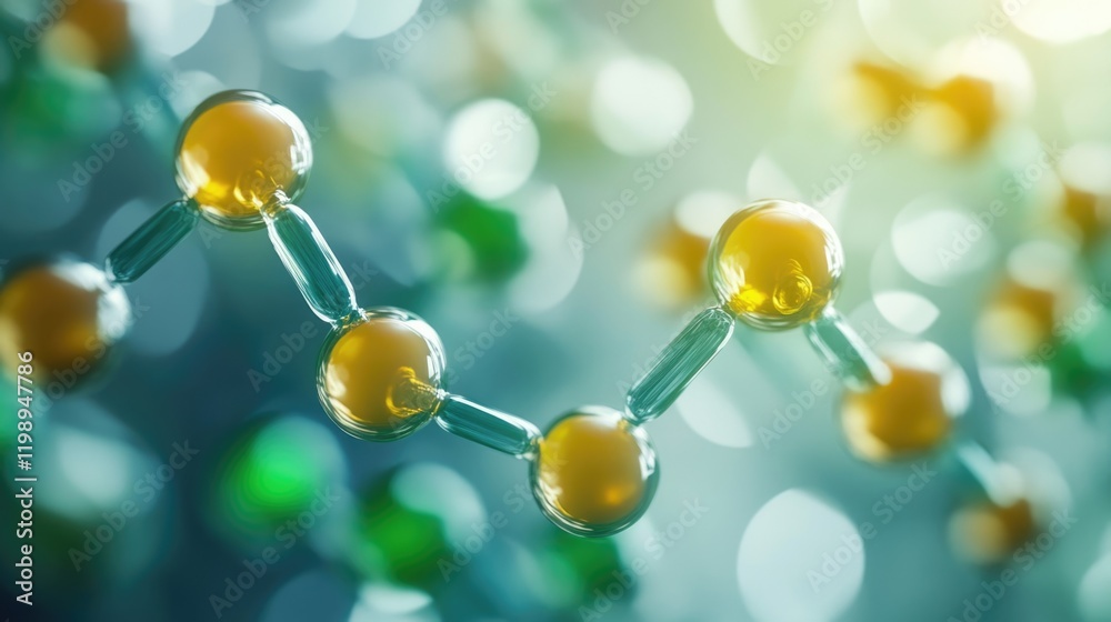 Poster molecular structure of a scientific concept with blurred bokeh background showing interconnected ato