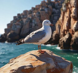 Fototapeta premium A lone seagull sits atop a weathered rock in the Mediterranean Sea, its feathers ruffled by the gentle breeze , landscape, coastal