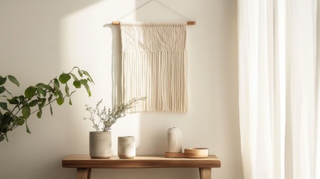Home interior with macrame wall hanging, wooden table, potted plants, and natural light from window, featuring copy space for text.
