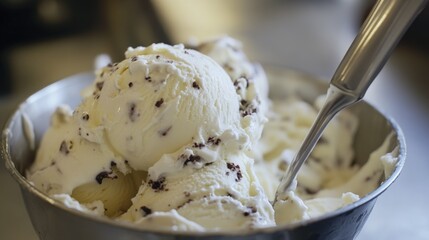 A bowl of creamy ice cream with a spoon resting inside, ready for someone to enjoy their treat