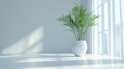Indoor potted plant in white vase with natural light from large windows minimalist interior with ample copy space