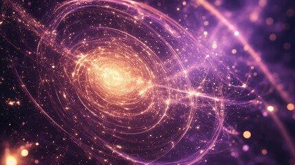 Obraz premium Vibrant cosmic galaxy with swirling golden stars and purple nebulae showcasing depth and light Copy Space