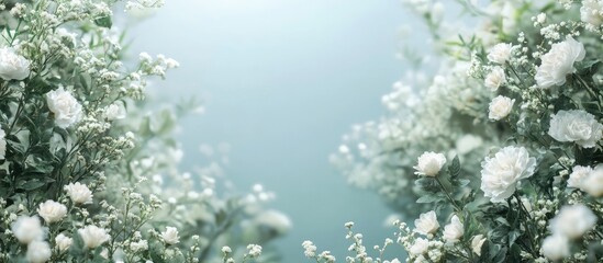 Lush garden scene featuring delicate white flowers blossoming under a serene bright blue sky with soft bokeh background ideal for text placement