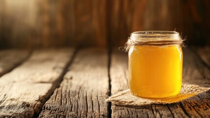 Glass jar of honey on rustic wooden table with warm light and natural textures Copy Space