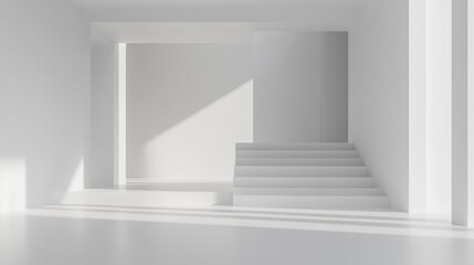 Fototapeta premium Minimalist interior space with white walls, stairs, and natural light creating geometric shadows, ideal for modern architectural design, Copy Space.