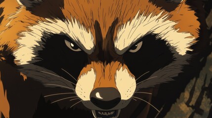 Close-up of an animated raccoon character with intense expression and detailed fur texture in a natural setting Copy Space