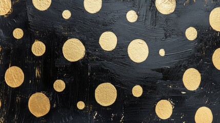 Gold polka dots on textured black background with abstract artistic design and ample copy space for text placement