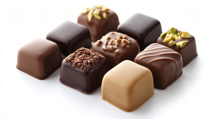 An assortment of chocolate pralines with indulgent fillings such as salted caramel, raspberry truffle, and pistachio cream, perfect for sharing with friends.