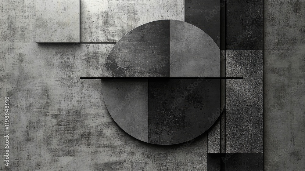 Poster geometric abstract composition with circular and rectangular shapes in shades of black and gray on t