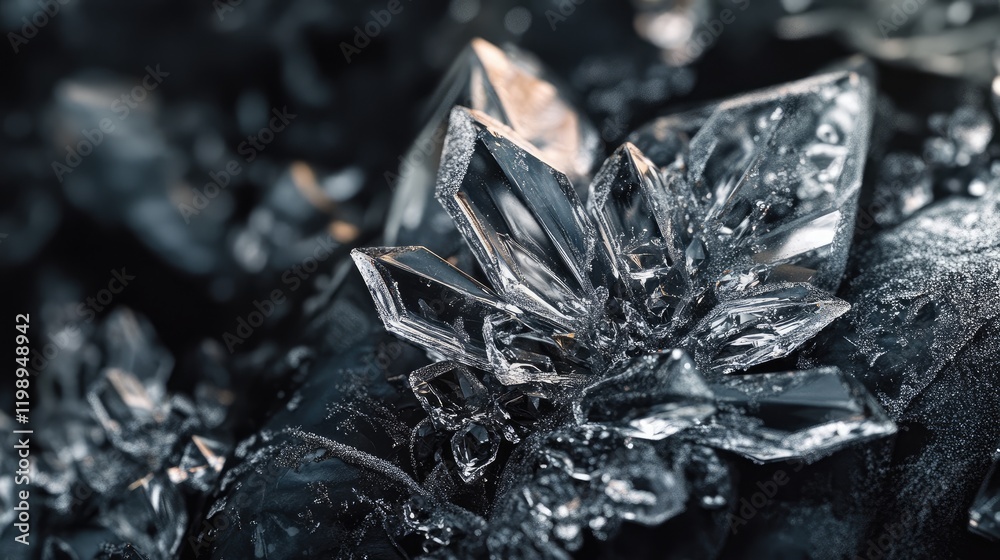 Poster high-resolution close-up of intricate crystal formations on a dark textured background with copy spa