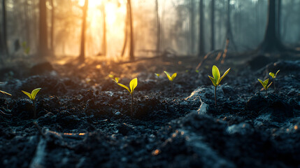 New life emerges from charred earth in a forest after a fire, highlighting nature's resilience and regeneration process